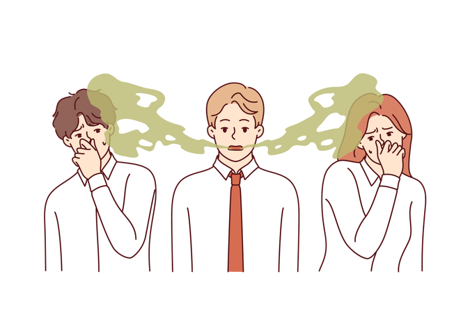 Unpleasant odor from man mouth irritated colleagues who feel disgust and hostility  Illustration