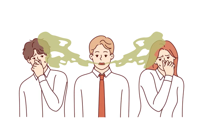 Unpleasant odor from man mouth irritated colleagues who feel disgust and hostility  Illustration