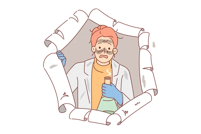 Unsuccessful Experiment Made By Female Chemist Caused Explosion Of Reagent From Flask Girl Chemist With Dirty Face Looks Out Of Torn Paper After Failing Scientific Work With Hazardous Substances Illustration