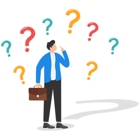 Unsure businessman thinking and doubting with question mark  Illustration