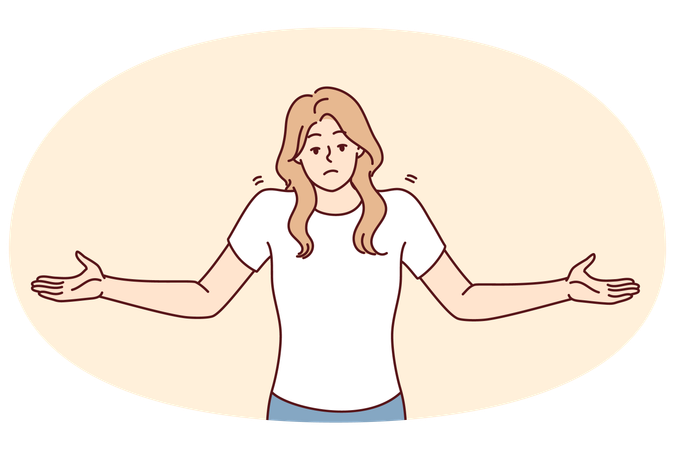 Unsure woman throws up hands demonstrating lack of correct answer to question asked  Illustration