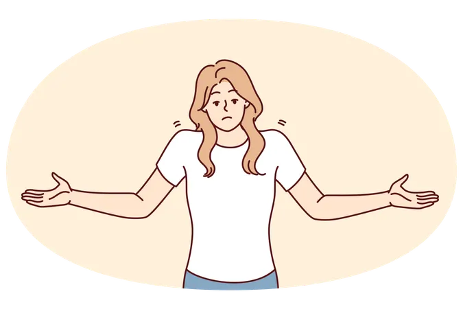 Unsure woman throws up hands demonstrating lack of correct answer to question asked  Illustration