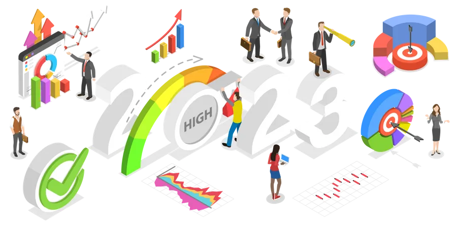 3 D Isometrischer Flacher Vektor Konzeptionelle Darstellung Eines Effektiven Performance Managements Im Neuen Jahr 2023 Unternehmensentwicklungsstrategie Illustration