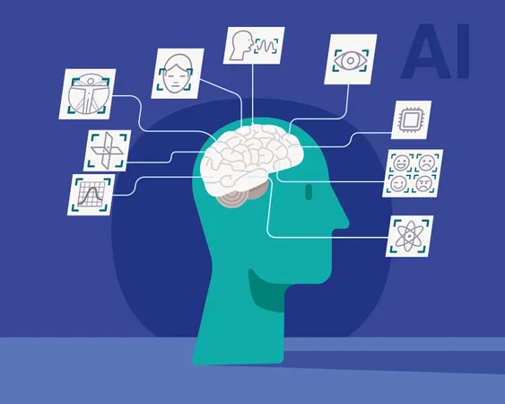 Untersuchung der Fähigkeiten des menschlichen Gehirns zur Anwendung bei der Entwicklung künstlicher Intelligenz  Illustration