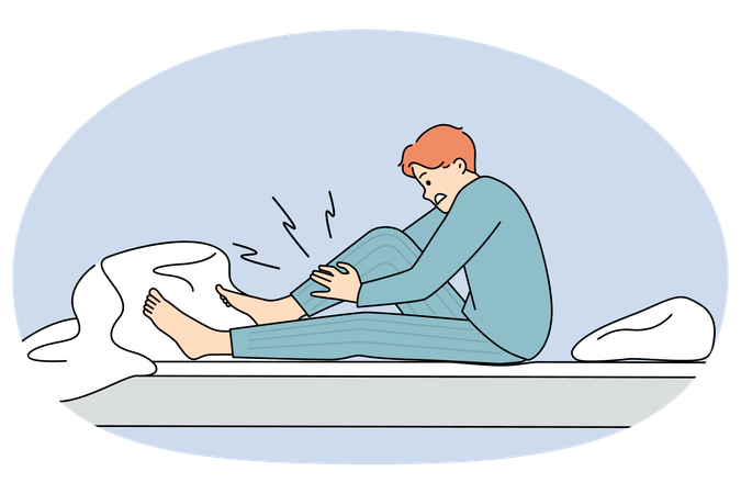 Unwell man in bed suffer from leg cramp  Illustration