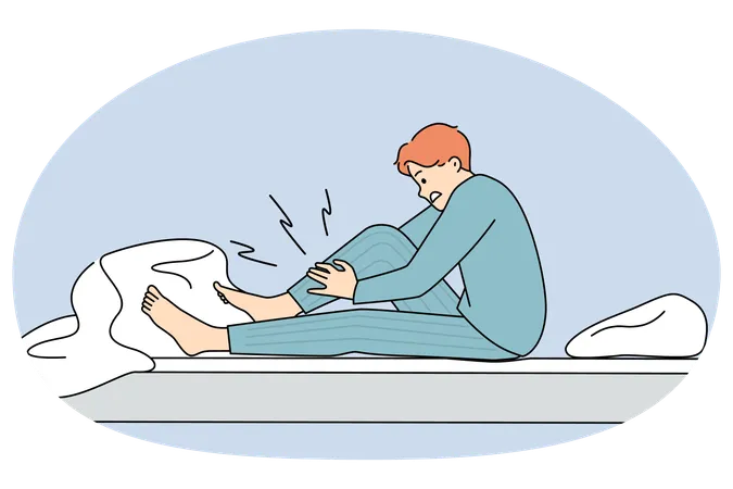 Unwell man in bed suffer from leg cramp  Illustration