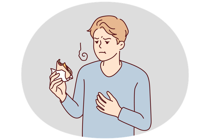Unwell man suffer from food poisoning from sandwich  Illustration