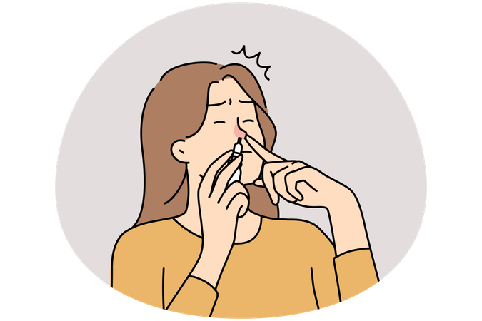 Unwell woman use drops for runny nose  Illustration