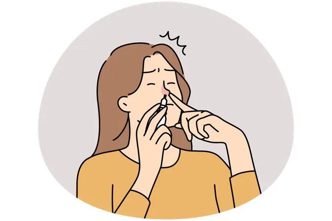Unwell woman use drops for runny nose  Illustration