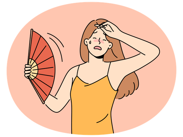 Unwell woman with handfan suffer from heatstroke  Illustration