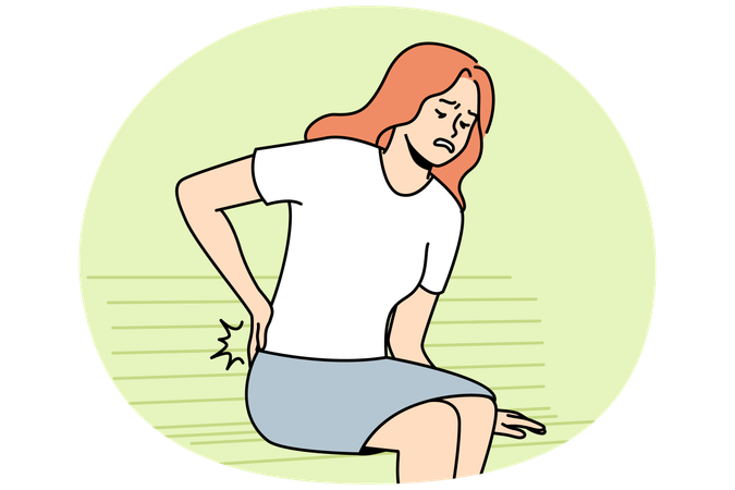 Unwell young woman sit on bench struggle with backache  Illustration