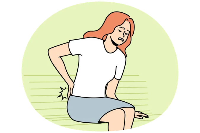 Unwell young woman sit on bench struggle with backache  Illustration