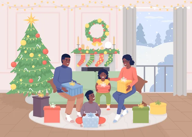 Unwrapping presents with family  イラスト