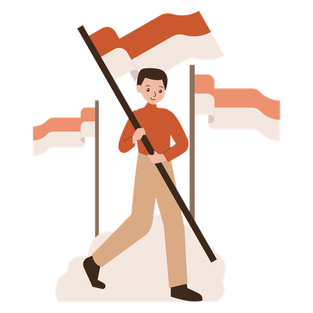 Uomo che tiene la bandiera dell'indipendenza indonesiana  Illustration