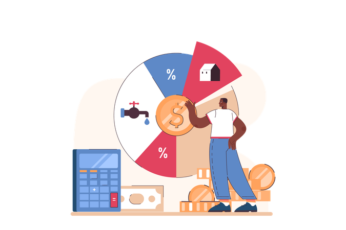 L'uomo d'affari visualizza il grafico a torta delle spese  Illustration