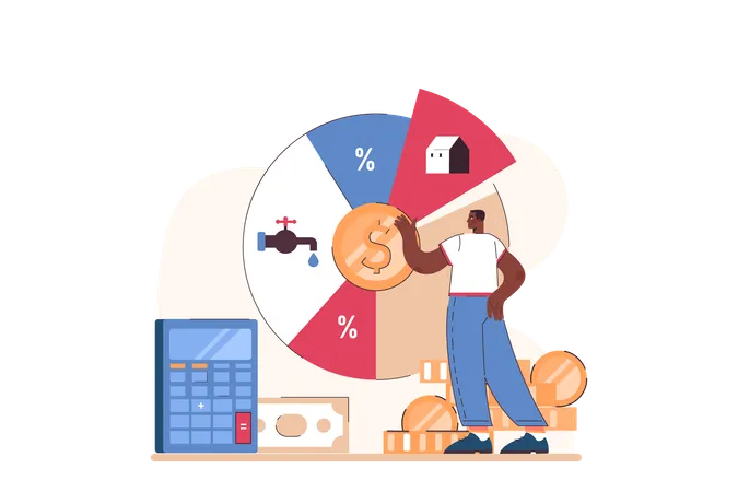 L'uomo d'affari visualizza il grafico a torta delle spese  Illustration