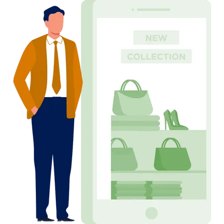 Uomo che presenta nuove collezioni per lo shopping  Illustration