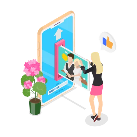3 D Isometric Flat Vector Illustration Of Uploading A Photo On A Smartphone Cloud File Transfering And Storing Service Illustration