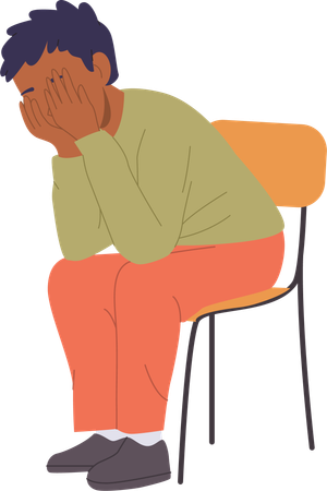 Upset boy child sitting on chair covering face with hands and crying  Illustration
