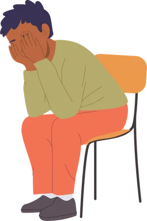Upset boy child sitting on chair covering face with hands and crying  イラスト