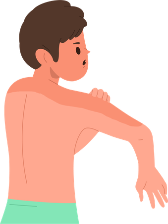 Upset boy suffering from sunburned skin on shoulders  Illustration