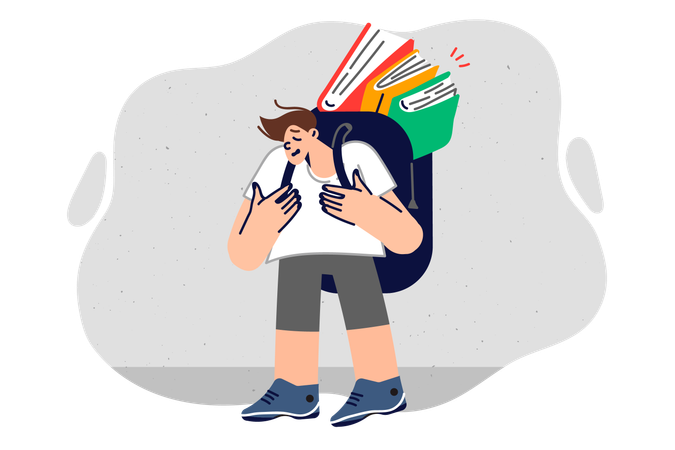 Upset boy with books in backpack suffers from complex educational program in primary school  Illustration