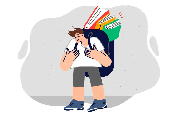 Upset boy with books in backpack suffers from complex educational program in primary school  Illustration