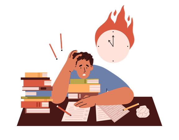 Upset boy with many books preparing for exam,  Illustration