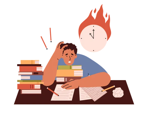 Upset boy with many books preparing for exam,  Illustration