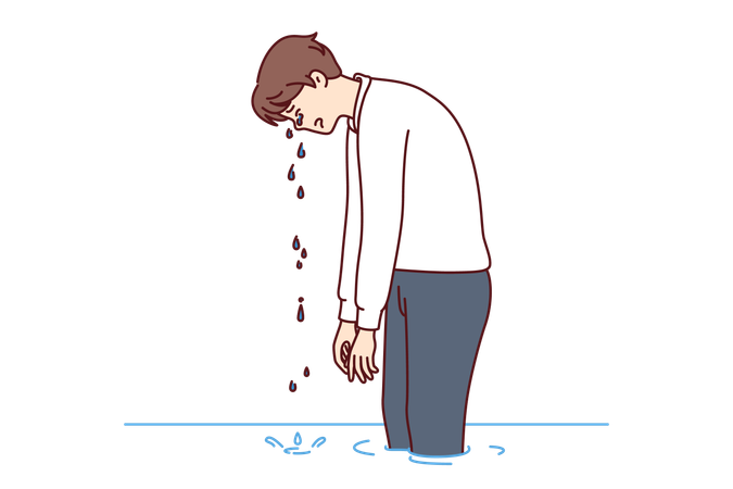 Upset business man cries standing in water demonstrating depression or learned helplessness  Illustration