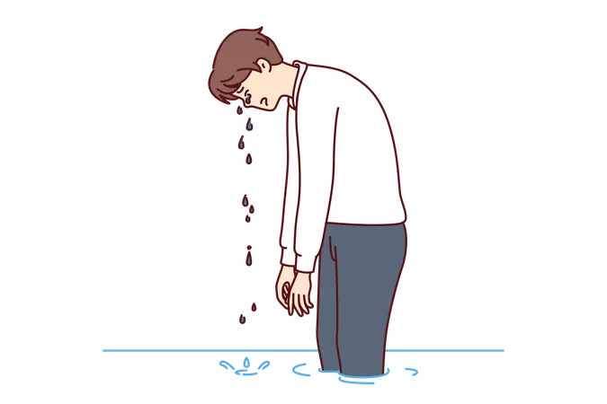 Upset business man cries standing in water demonstrating depression or learned helplessness  Illustration