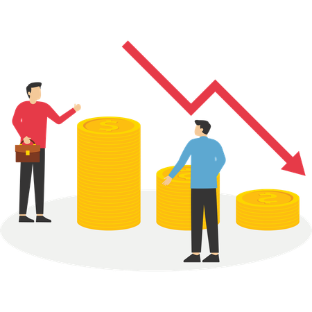 Upset Business people standing near coin piles  Illustration