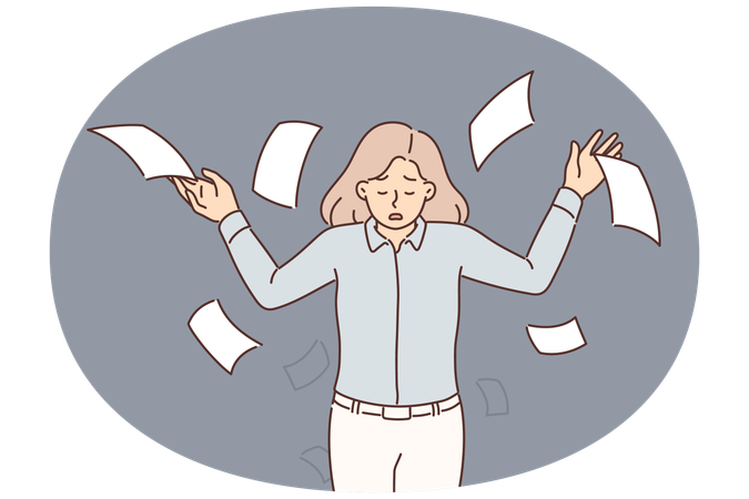 Upset business woman throwing papers up during stressed about tax increase or bankruptcy notice  Illustration