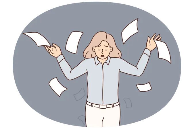 Upset business woman throwing papers up during stressed about tax increase or bankruptcy notice  Illustration