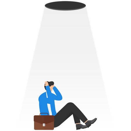 Upset businessman escape out of dark cave  Illustration