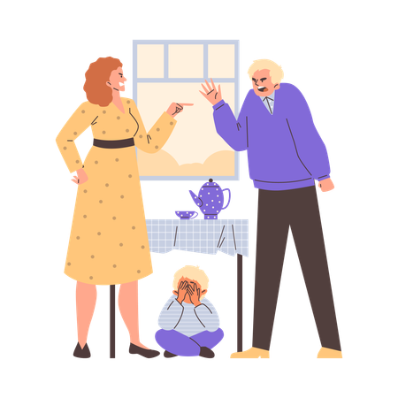 Upset child boy hides under table while parents argue  Illustration