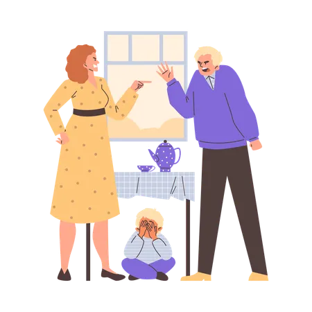 Upset child boy hides under table while parents argue  Illustration