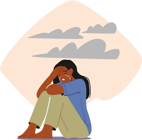 Depression Abuse Or Home Violence Frustration Concept Young Depressed Upset Female Character Desperate Woman Sitting On Floor And Crying With Black Cloud Over Head Cartoon Vector Illustration Illustration