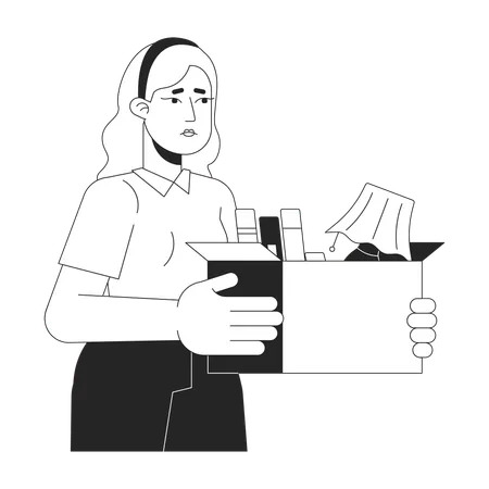 Upset Fired Caucasian Woman Black And White 2 D Line Cartoon Character European Female Holding Box With Stuff Isolated Vector Outline Person Unemployment Problem Monochromatic Flat Spot Illustration Illustration