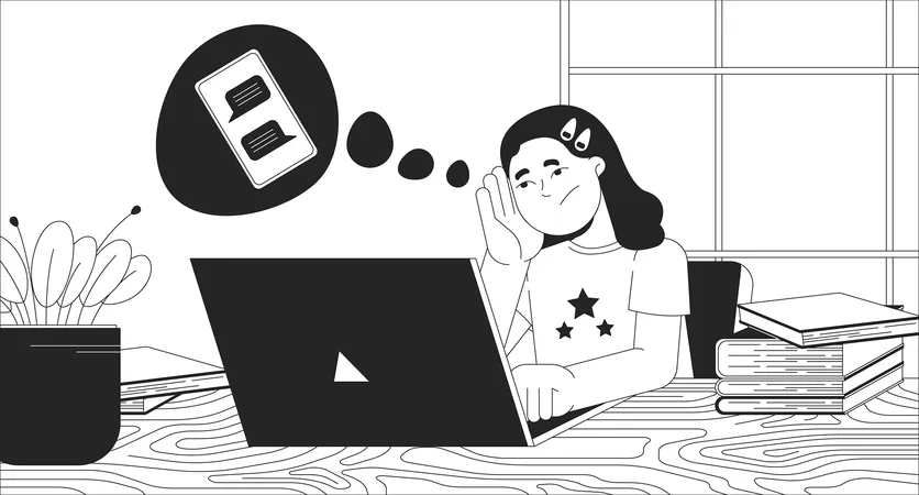 Upset girl Communicate on laptop  Illustration