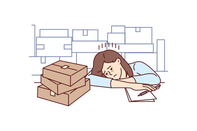 Upset girl near cardboard boxes works in warehouse and falls asleep  Illustration