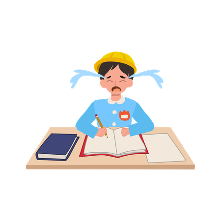 Upset Japanese boy in uniform crying at school desk resisting school activities  Illustration