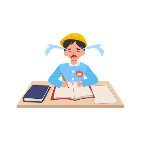 Upset Japanese boy in uniform crying at school desk resisting school activities  Illustration