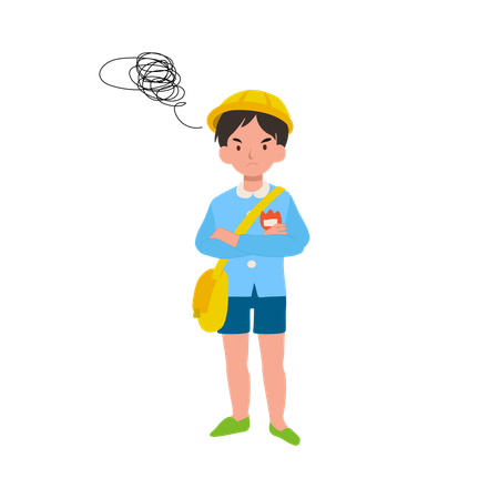 Upset kindergarten boy in school uniform with angry expression and crossed arms  Illustration