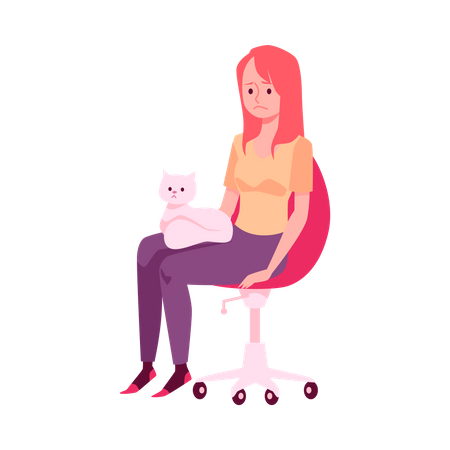 Upset lonely woman sitting in chair with cat Illustration