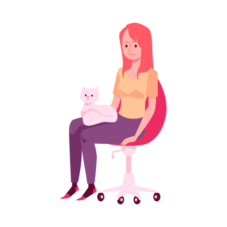 Upset lonely woman sitting in chair with cat  Illustration