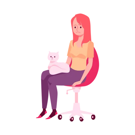 Upset lonely woman sitting in chair with cat  Illustration