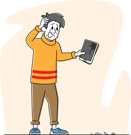 Upset Male Character Holding Broken Tablet With Splinters On Ground Man With Smashed Gadget On Street Unlucky Situation Fallen Cellphone Or Mobile Phone Negative Emotion Linear Vector Illustration Illustration