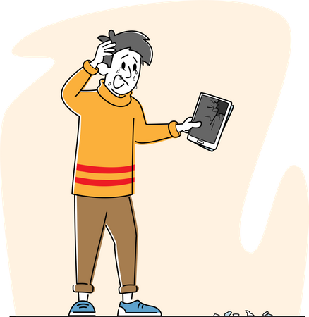 Upset Male Holding Broken Tablet with Splinters on Ground  Illustration