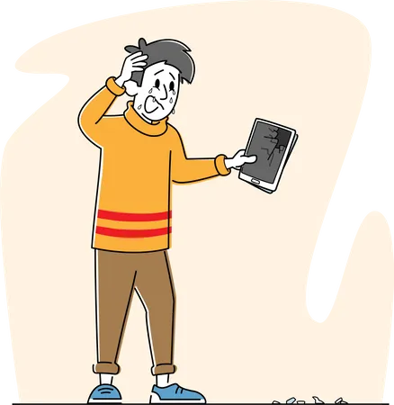 Upset Male Holding Broken Tablet with Splinters on Ground  Illustration